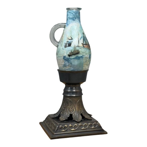 Upcycled Mid-Century Glass and Brass Candle Holders, Hand Painted & Decoupaged - Picture 13 of 16